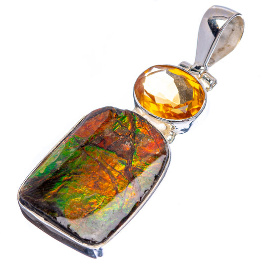Sterling silver pendant with oval citrine yellow gemstone and multicolor ammolite stone