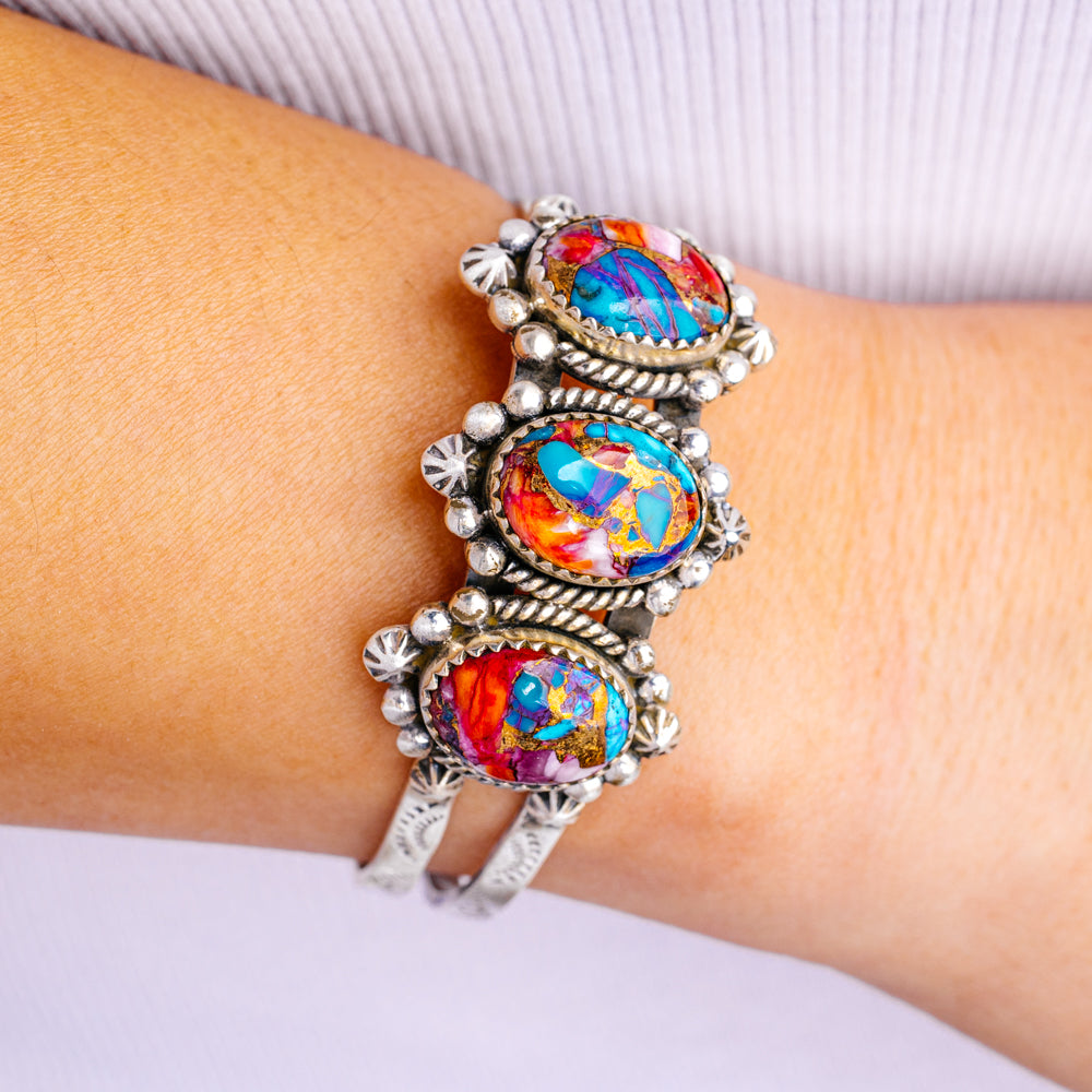 Pink Dahlia Turquoise Bracelet Adjustable (.925 Sterling Silver)