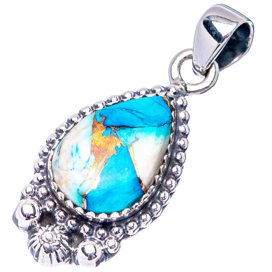 Turquoise teardrop pendant with .925 silver ornate frame and bail, full view
