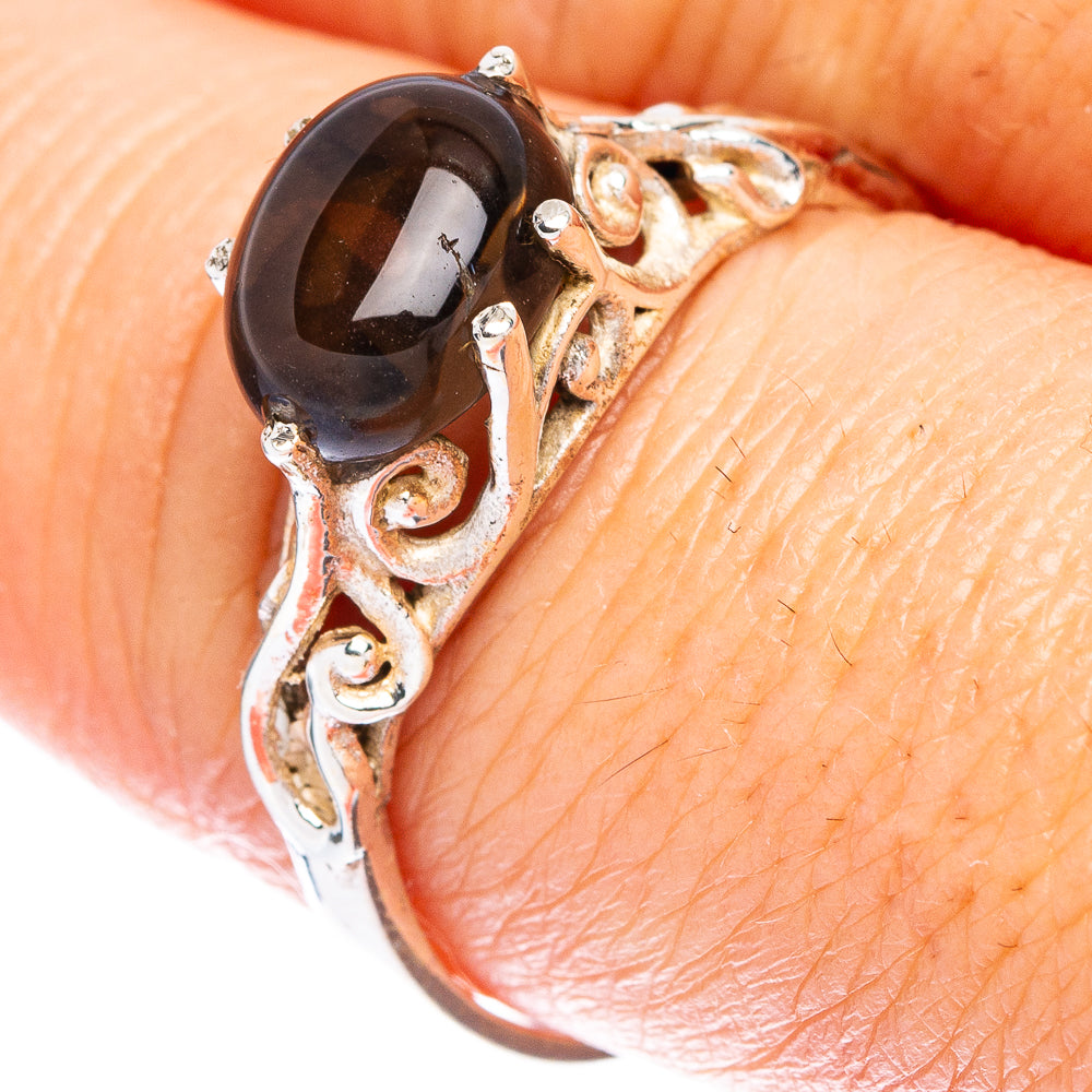 Smoky quartz dainty 925 sterling silver ring with dark oval cabochon and prong stones