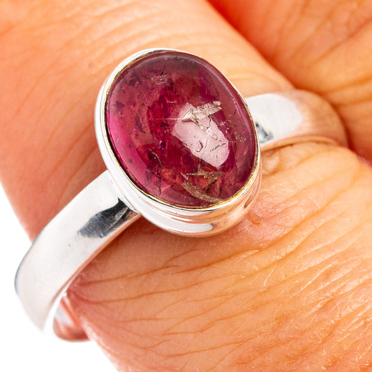 Sterling silver ring with oval pink tourmaline cabochon, close-up