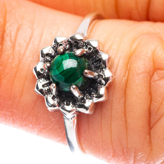 Malachite cocktail ring in .925 sterling silver, round green stone in dark prong setting