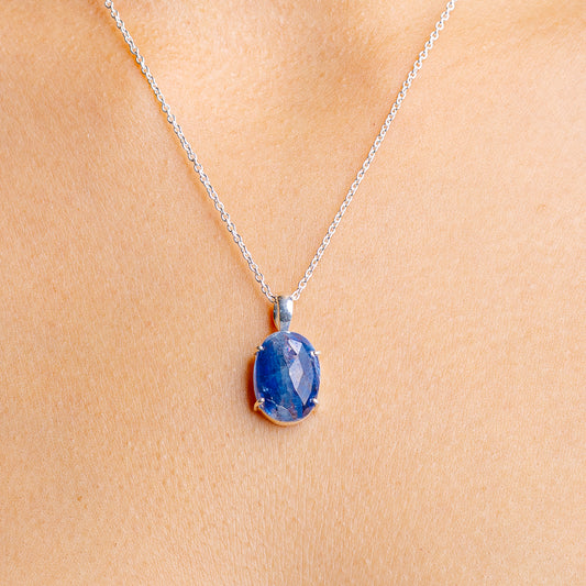 Sterling silver necklace with oval blue kyanite pendant on a fine chain