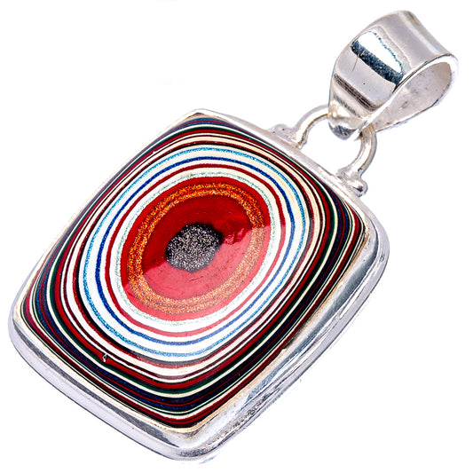 Sterling silver fordite pendant, rectangular striped cabochon with red and black core