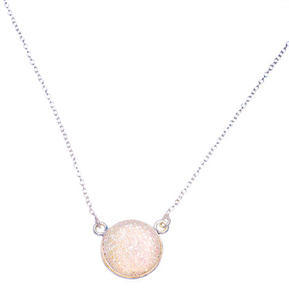 Sterling silver druzy pendant necklace with round glittering pendant on chain