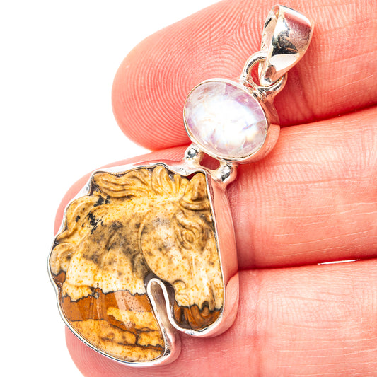 Sterling silver horse pendant with iridescent white oval stone and picture jasper body