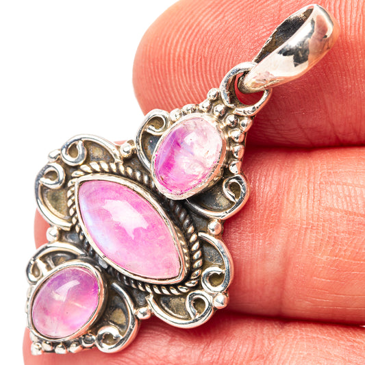 Pink moonstone pendant in .925 sterling silver, ornate setting with three oval pink stones