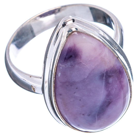 Sterling silver ring with purple teardrop cabochon gemstone, side view