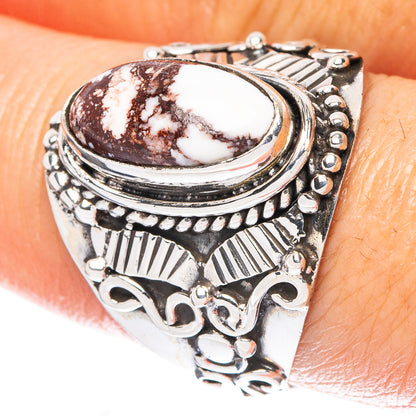 Oval wild horse jasper cabochon sterling silver ring with patterned raised settings