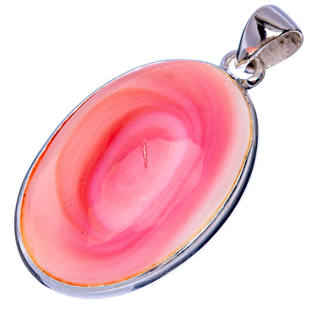 Conch pendant in oval pink shell with swirling pattern, set in sterling silver bezel