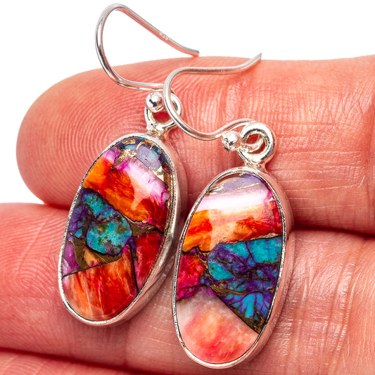 Sterling silver oval turquoise inlay drop earrings with multicolor stone