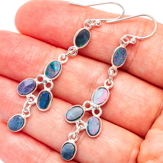 Sterling silver opal earrings, fishhook drops with blue-green-red oval doublets