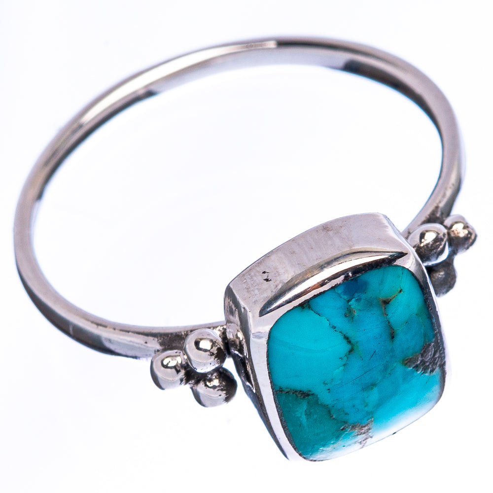 Turquoise cabochon sterling silver ring, square bezel with prong-like split band accents