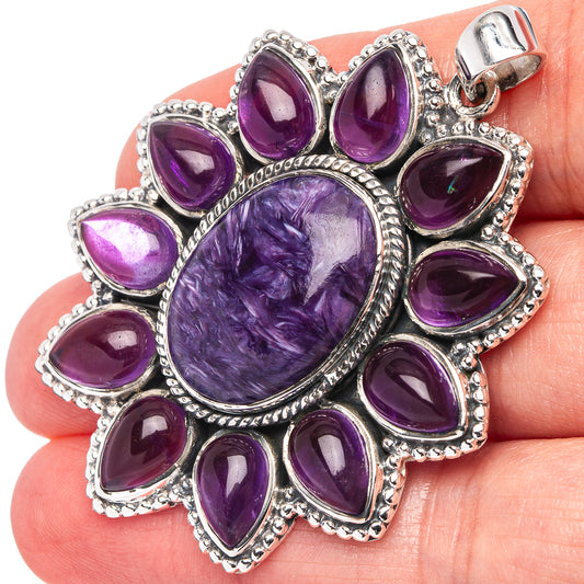 Amethyst pendant with large oval cabochon and teardrop stones, .925 sterling silver bail