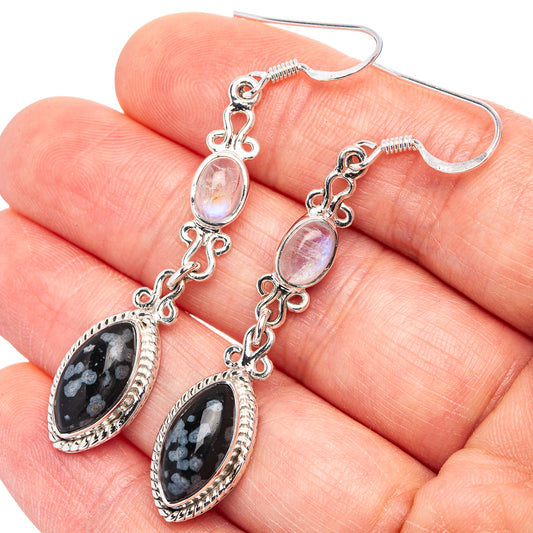 Sterling silver drop earrings with oval black obsidian and pale rainbow moonstone