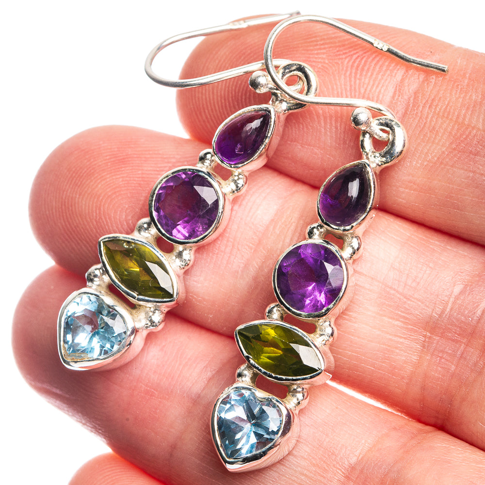 Sterling silver drop earrings with purple amethyst, green peridot, and blue topaz