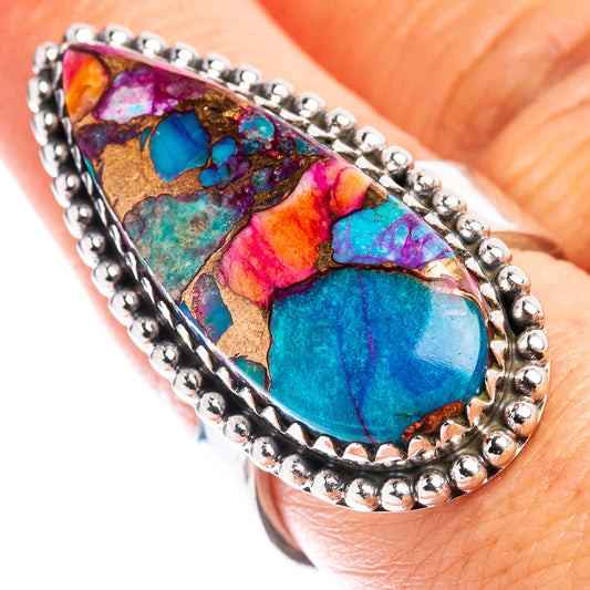 Adjustable sterling silver ring with oval mosaic turquoise, pink, orange stone