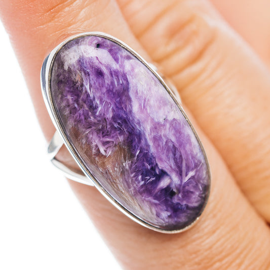 Charoite cabochon ring, oval purple stone in .925 sterling silver bezel