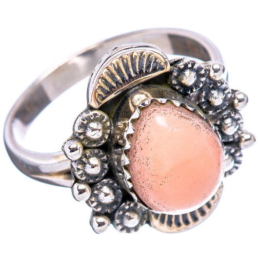 Pink opal sterling silver ring with oval bezel and engraved floral sides, size 6.5