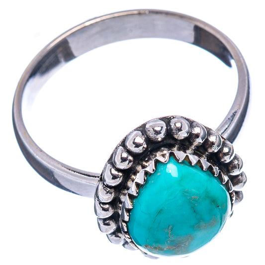 Oval turquoise cabochon silver ring with raised beaded bezel, round size 7.5
