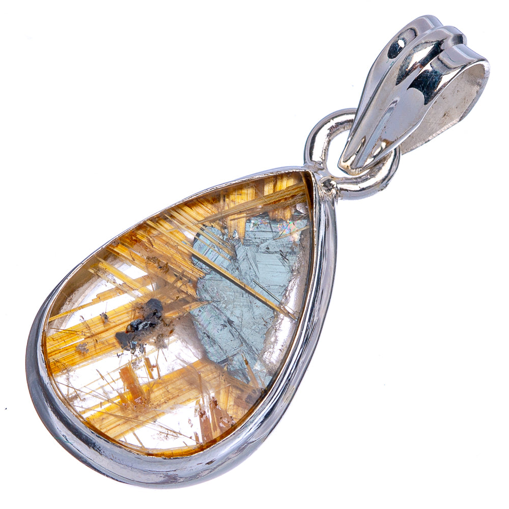 Sterling silver teardrop pendant with gold-and-blue rutilated quartz cabochon