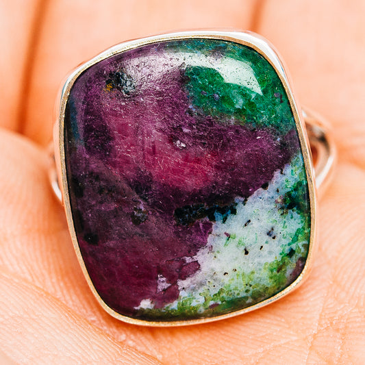 Sterling silver oval cabochon ring with vivid purple and green marbled stone
