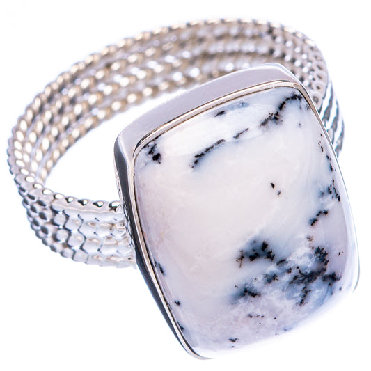 Square white dendritic agate sterling silver ring, size 7.5