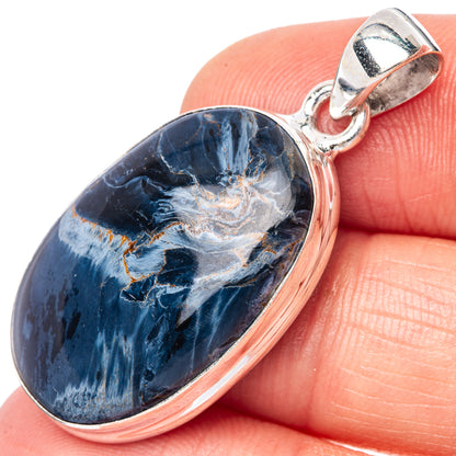 Blue oval pietersite pendant with sterling silver bezel and top bail