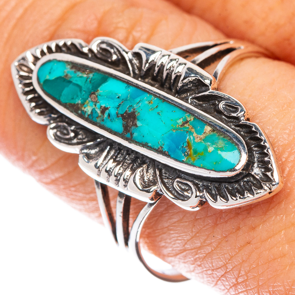 Turquoise oval cabochon ring, sterling silver with ornate bezel and side scrollwork
