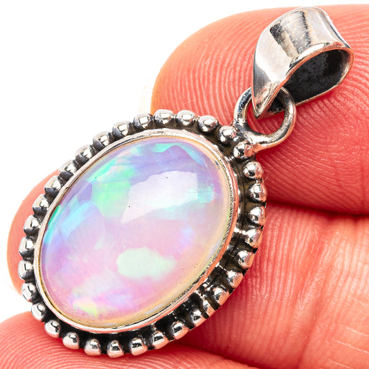 925 sterling silver Ethiopian opal pendant, oval bezel with beaded edge