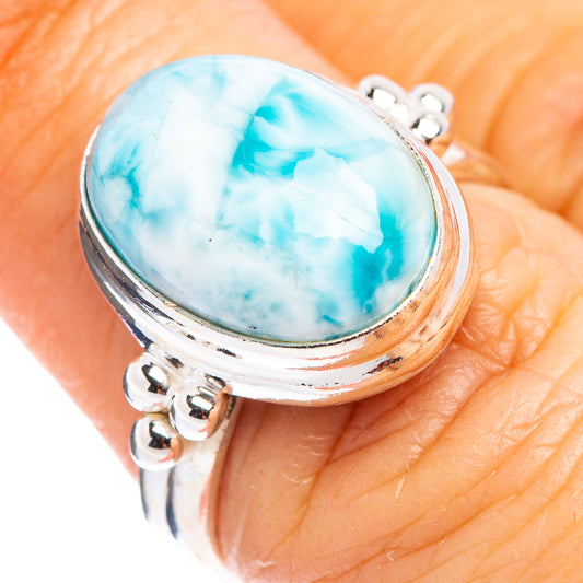 Oval larimar gemstone ring in .925 sterling silver, side prong setting