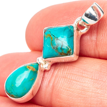 Kingman turquoise pendant in 925 sterling silver, rectangular center with oval drop