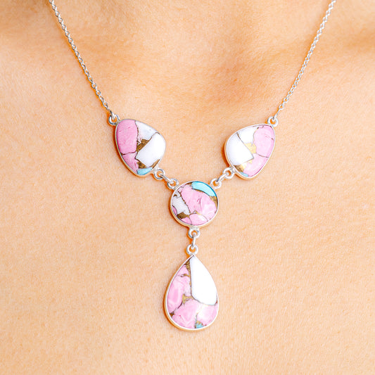Sterling silver necklace with pink and white teardrop charms