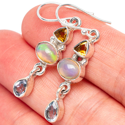 Rare Ethiopian Opal, Citrine, Blue Topaz Earrings 1 1/2" (925 Sterling Silver) E1402