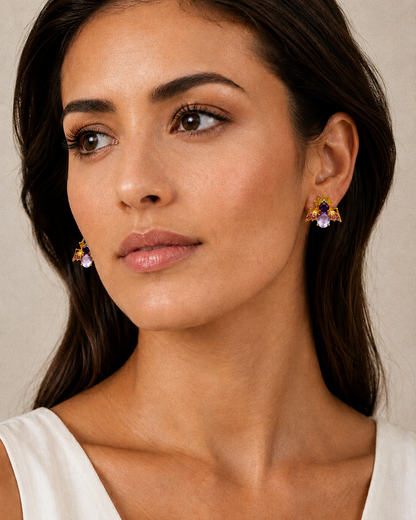 Amethyst, Rhodolite Garnet, Emerald Bee Earrings 3/4" (.925 Sterling Silver) 24k Gold Plated