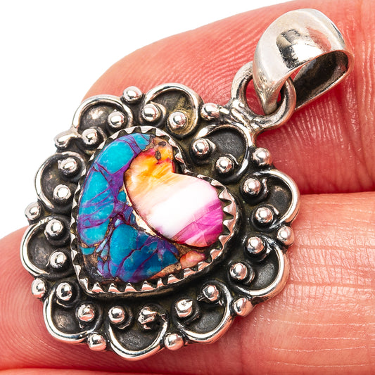925 sterling silver heart pendant with turquoise, pink, and orange inlay stone