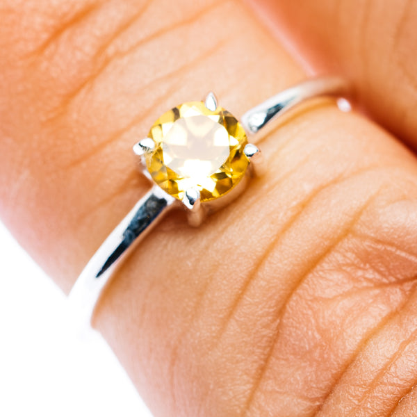 Round citrine stackable ring with .925 sterling silver band, open side setting