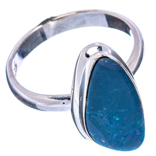 Sterling silver opal ring, side view of blue teardrop doublet bezel
