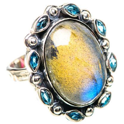 925 sterling silver labradorite oval ring with blue topaz stones around