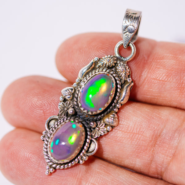 Large Southwestern Style Ethiopian Opal Pendant 1 7/8" (.925 Sterling Silver)