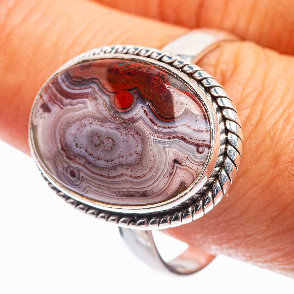 925 sterling silver ring with oval crazy lace agate cabochon and rope-edge bezel
