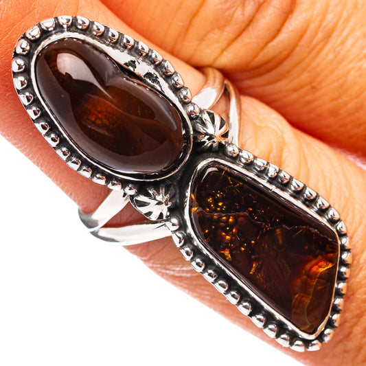 Sterling silver two-oval fire agate ring, dark brown top stone and amber bottom stone, beaded frame
