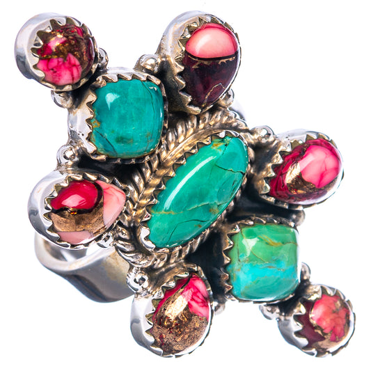 Turquoise and red cabochon gemstone ring in silver-tone setting with ornate bezel