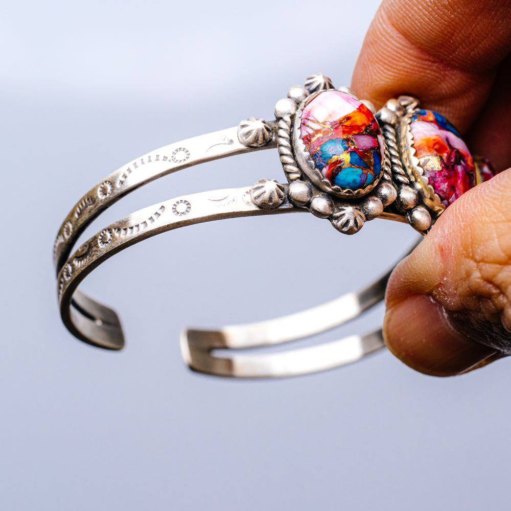 Pink Dahlia Turquoise Bracelet Adjustable (.925 Sterling Silver)