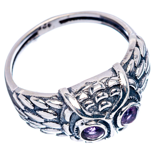 Sterling silver owl dainty ring with two amethyst purple stones, size 6.75