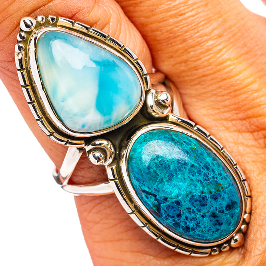 Sterling silver double oval gemstone ring with light blue and dark turquoise stones