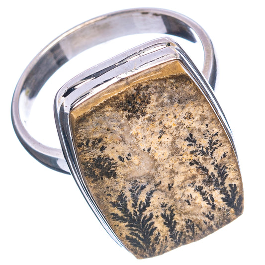Sterling silver dendrite ring, rectangular gemstone with dark botanical-like veining