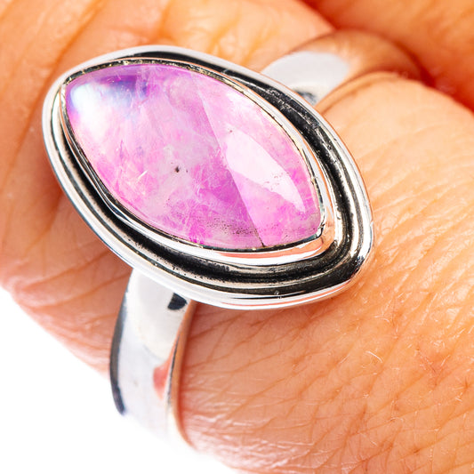 Oval pink moonstone ring with sterling silver bezel, size 9