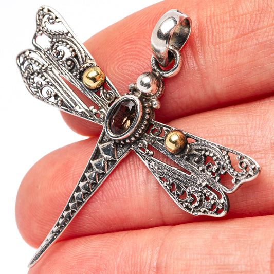 Sterling silver dragonfly pendant with smoky quartz oval and ornate filigree