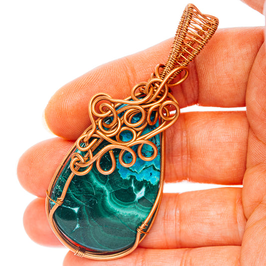 Malachite In Chrysocolla Wire Wrap Pendant 2 3/4" (Copper)
